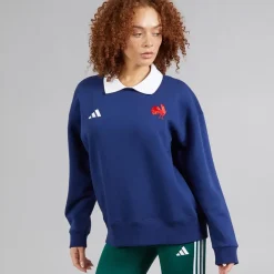 adidas Damen FFC Frankreich Rugby Langarm Sweatshirt Dark Blue/Weiß