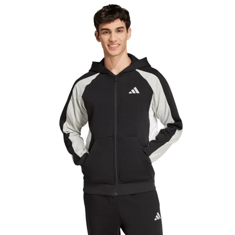 adidas Herren Saisonale Essentials Farbblock Reißverschluss Kapuzenpullover Schwarz