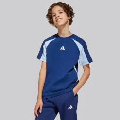 adidas Junior Junge Saisonale Essentials Farbblock T Shirt Dark Blue/Glow Blue/Weiß