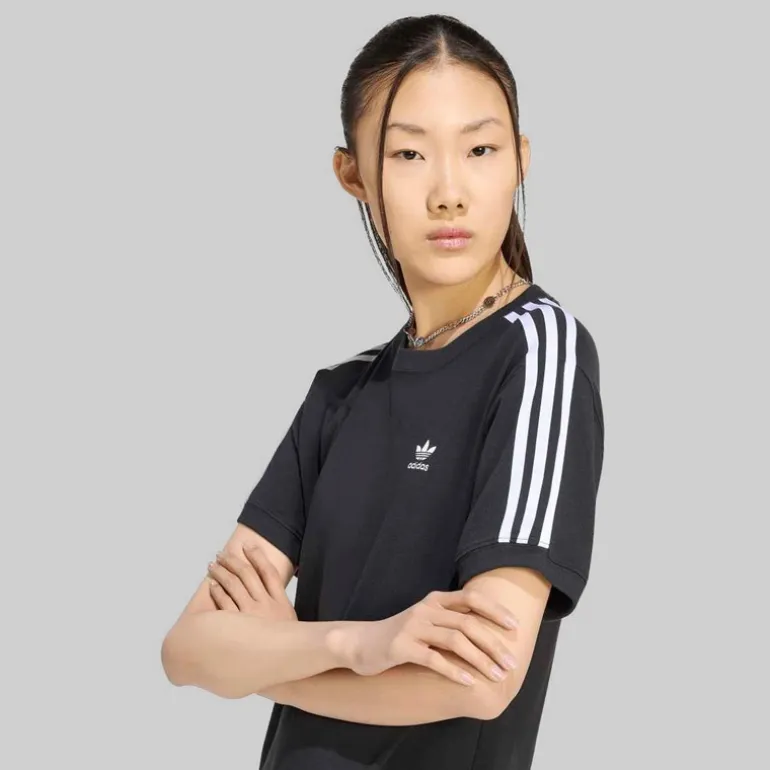 adidas Originals Damen Adicolor 3 Streifen Trefoil T Shirt Schwarz