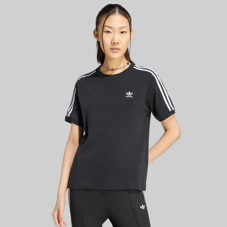 adidas Originals Damen Adicolor 3 Streifen Trefoil T Shirt Schwarz
