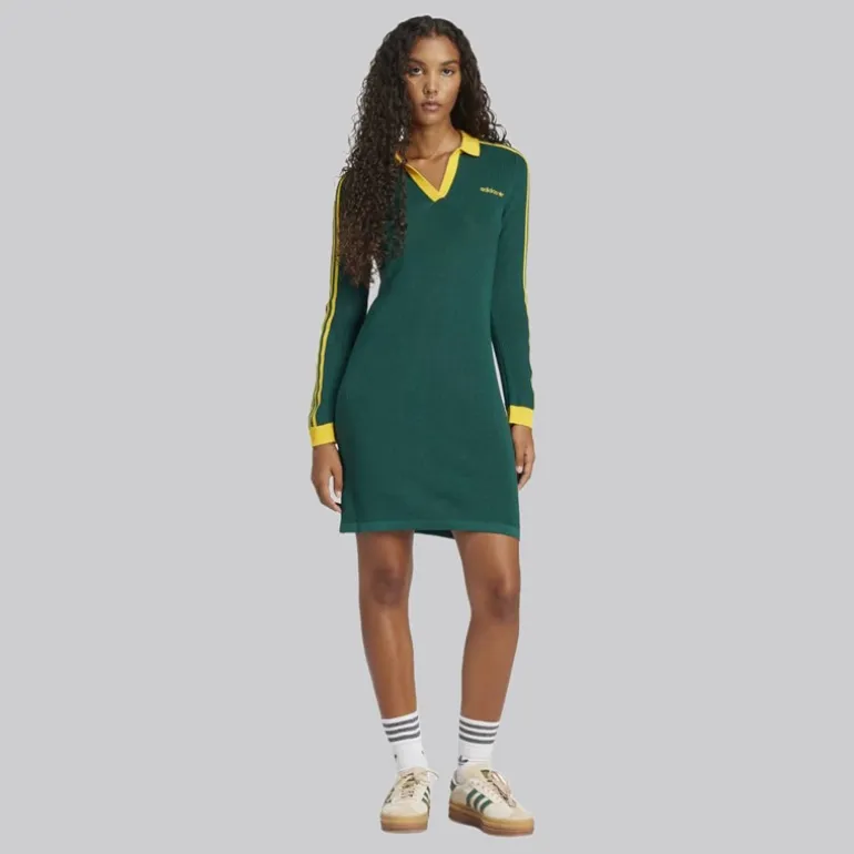 adidas Originals Damen Strick Poloshirt Kleid Collegiate Green/Cream Yellow