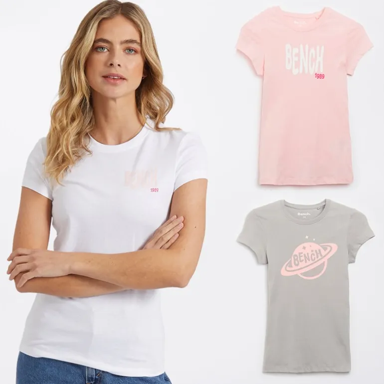 Bench Damen Lolah Drei Pack Graphic T-Shirts Pink/Silbergrau/Weiß