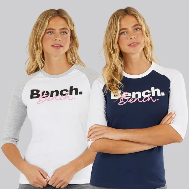 Bench Damen Zweierpack 3 / 4 Ärmel T - Shirts Weiß Marine