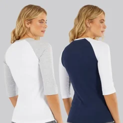 Bench Damen Zweierpack 3 / 4 Ärmel T - Shirts Weiß Marine