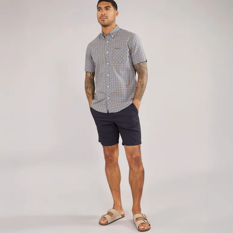 Ben Sherman Herren Hemd Kurzarm Karomuster Denim Blau