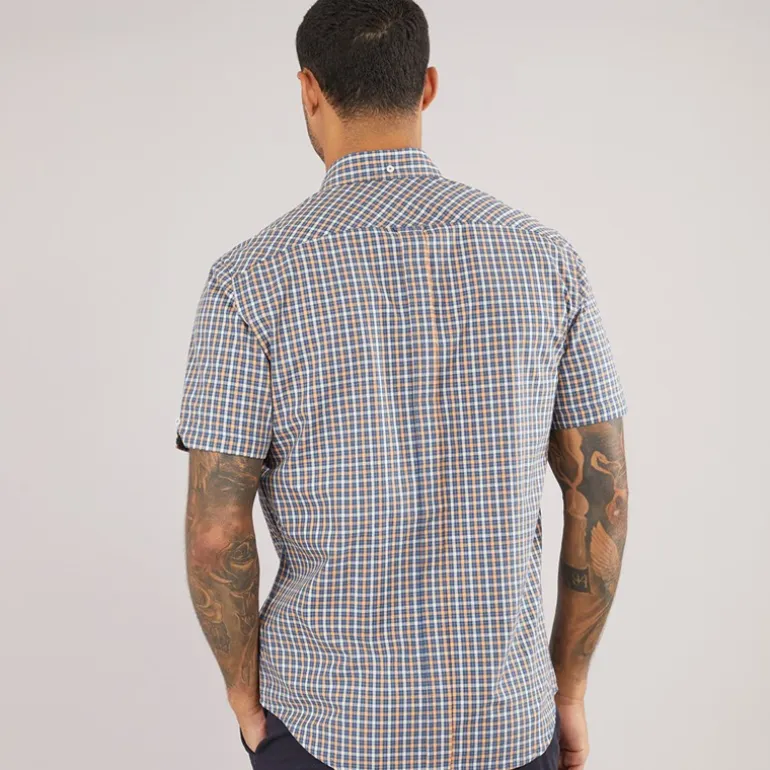 Ben Sherman Herren Hemd Kurzarm Karomuster Denim Blau