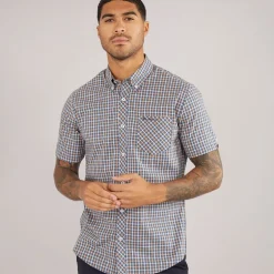 Ben Sherman Herren Hemd Kurzarm Karomuster Denim Blau