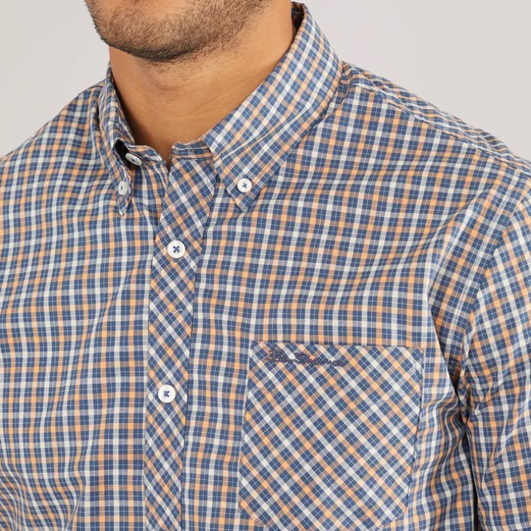 Ben Sherman Herren Hemd Kurzarm Karomuster Denim Blau