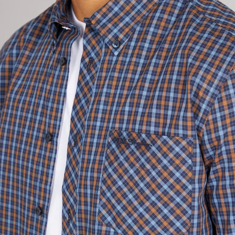 Ben Sherman Herren Langarm Karo Hemd Dark Navy