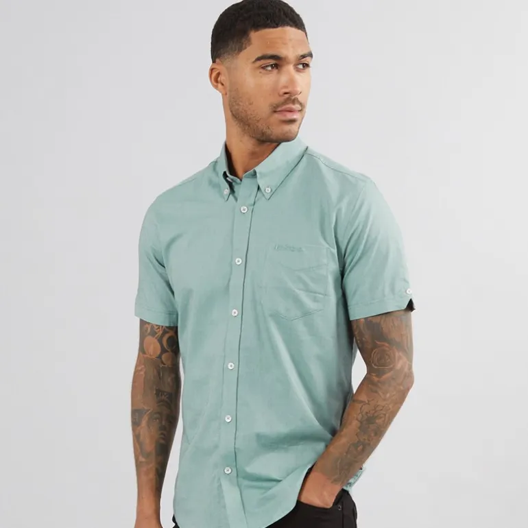 Ben Sherman Herren Oxford Hemd mit kurzem Arm Grünmeliert