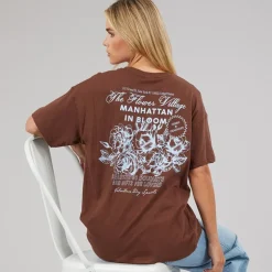 Brave Soul Damen Bloom T Shirt Braun/Blue Body/Print