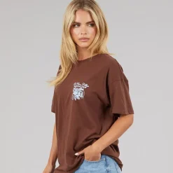 Brave Soul Damen Bloom T Shirt Braun/Blue Body/Print