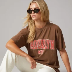 Brave Soul Damen Brooklyn T-Shirt Brown Acid Wash