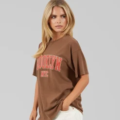 Brave Soul Damen Brooklyn T-Shirt Brown Acid Wash
