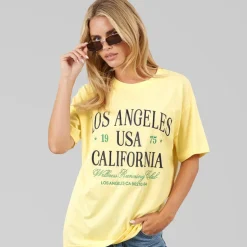 Brave Soul Damen Los Angeles T Shirt Butter Yellow/Navy/Grün