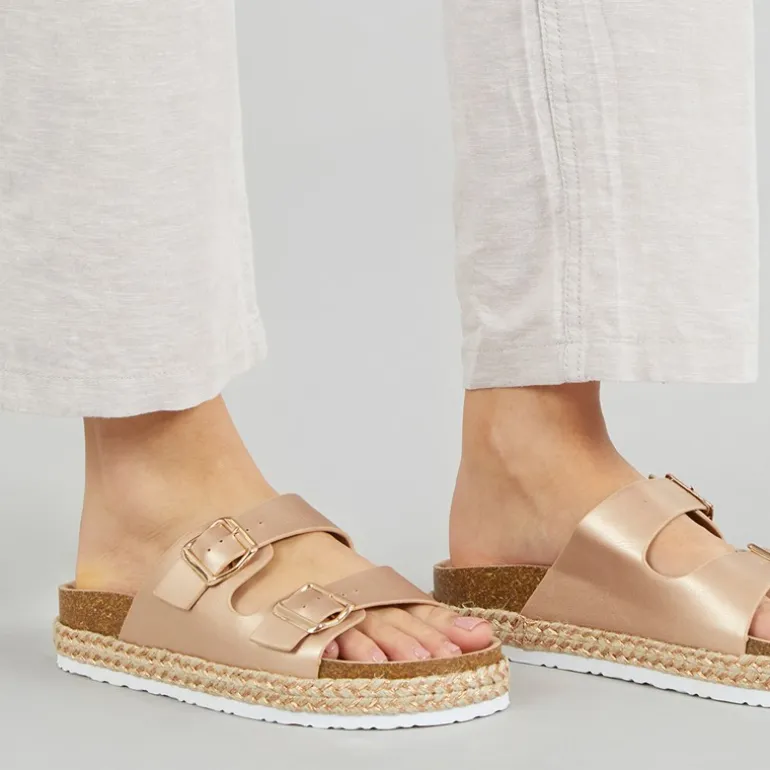 Brave Soul Damen Pantha 2 Doppelte Schnalle Plateau Sandalen Rose Gold Metallic