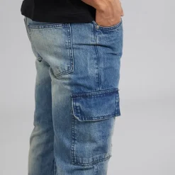 Brave Soul Herren Station Loose Fit Cargohose Jeans Mid Blue