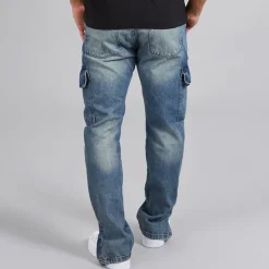 Brave Soul Herren Station Loose Fit Cargohose Jeans Mid Blue