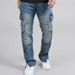 Brave Soul Herren Station Loose Fit Cargohose Jeans Mid Blue