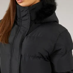 Closure London Damen Lang geschnittenen Kunstpelz Parka mit Kapuze Schwarz