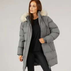 Closure London Damen Longline Kunstfell Parka Mit Kapuze Schiefergrau