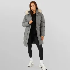 Closure London Damen Longline Kunstfell Parka Mit Kapuze Schiefergrau