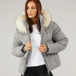 Closure London Damen verstellbare Taille Puffer mit Kunstpelz Kapuze Charcoal