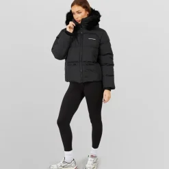 Closure London Damen verstellbare Taille Puffer mit Kunstpelz Kapuze Schwarz