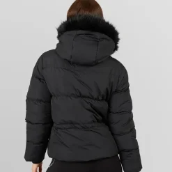 Closure London Damen verstellbare Taille Puffer mit Kunstpelz Kapuze Schwarz