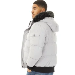Closure London Herren Pelz Kapuze Kurz Steppjacke Eis Grau