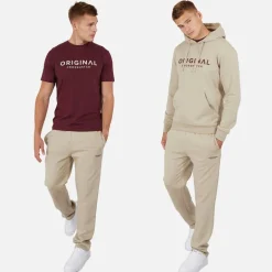 Crosshatch Herren Chemberry Hoodie T-Shirt Und Offener Saum Jogginghose Set Stein/Burgund