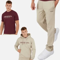 Crosshatch Herren Chemberry Hoodie T-Shirt Und Offener Saum Jogginghose Set Stein/Burgund