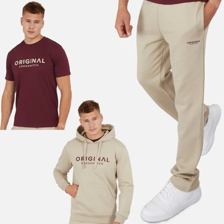 Crosshatch Herren Chemberry Hoodie T-Shirt Und Offener Saum Jogginghose Set Stein/Burgund