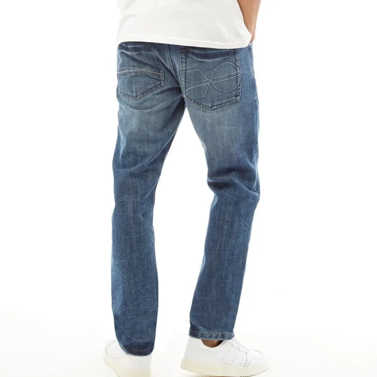 Crosshatch Jeans Herren Neu Geprägt Techno Gerade Passform Stone Wash
