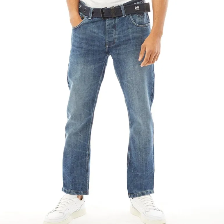Crosshatch Jeans Herren Neu Geprägt Techno Gerade Passform Stone Wash