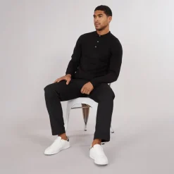 French Connection Herren Kaschmir Polo Shirt mit langen Ärmeln Schwarz