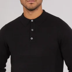 French Connection Herren Kaschmir Polo Shirt mit langen Ärmeln Schwarz