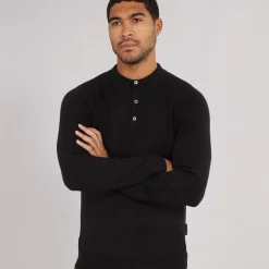 French Connection Herren Kaschmir Polo Shirt mit langen Ärmeln Schwarz