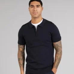 French Connection Herren Kurzarm Baumwolle Reißverschluss Strick Polo Hemd Marine