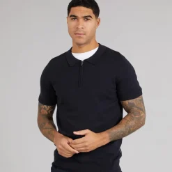 French Connection Herren Kurzarm Baumwolle Reißverschluss Strick Polo Hemd Marine