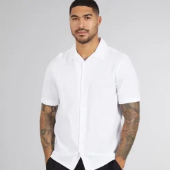 French Connection Herren Linen Hemd mit kurzem Arm Weiß