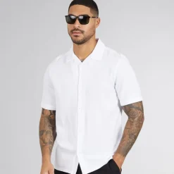 French Connection Herren Linen Hemd mit kurzem Arm Weiß