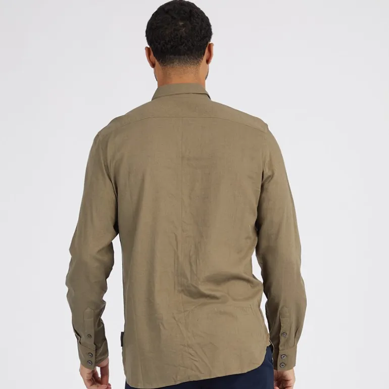 French Connection Herren Linen Hemd mit langem Arm Khaki