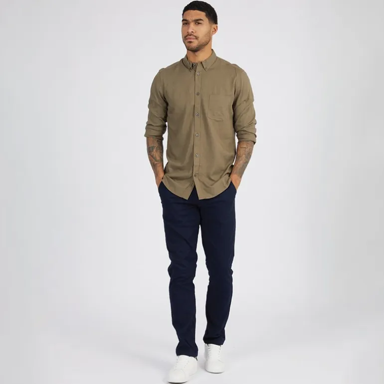 French Connection Herren Linen Hemd mit langem Arm Khaki