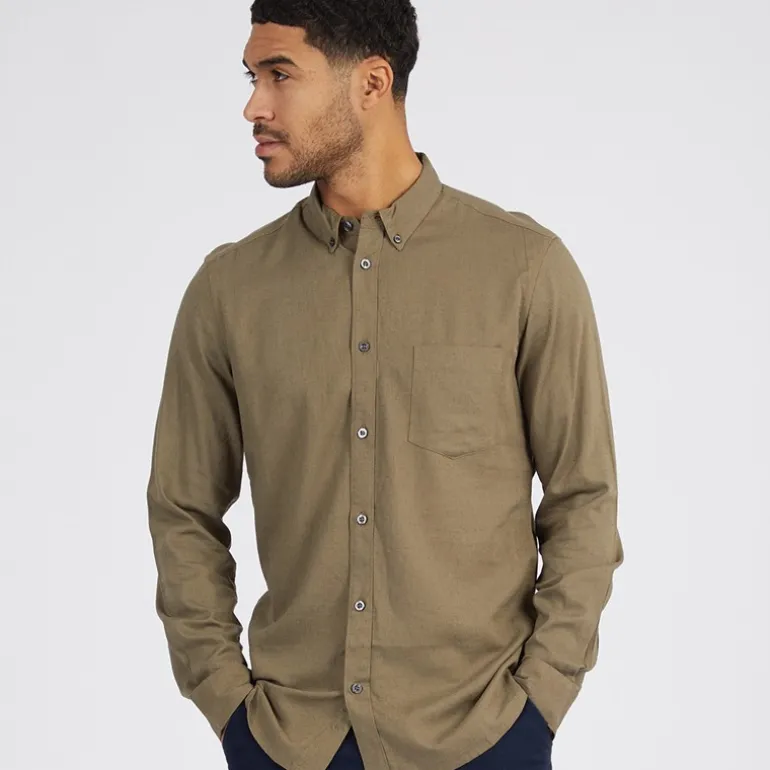 French Connection Herren Linen Hemd mit langem Arm Khaki