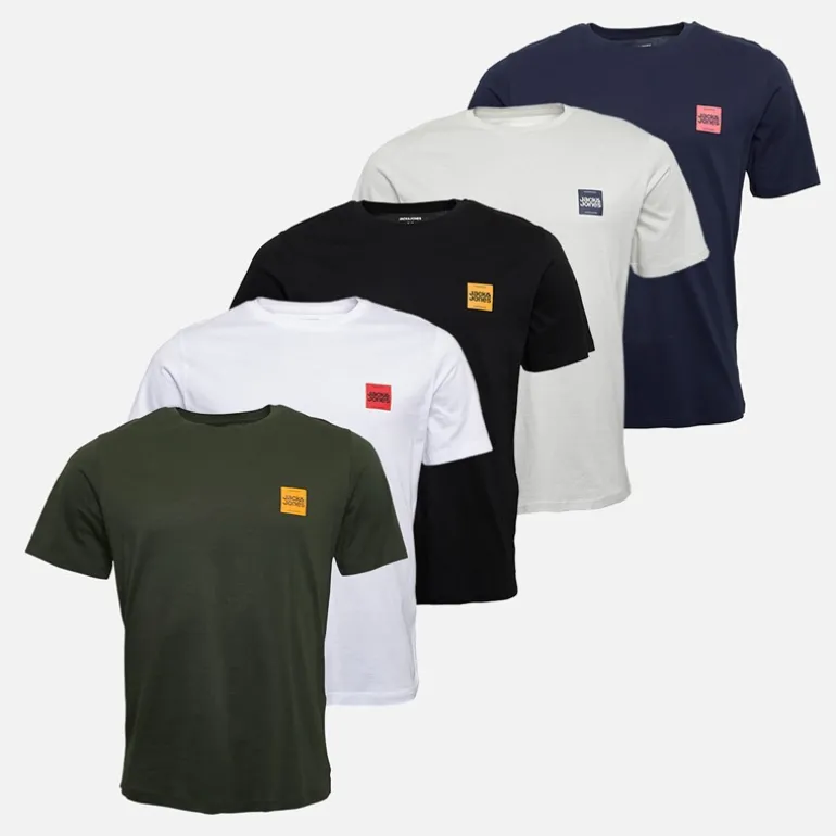 JACK & JONES Herren Brandy Fünferpack T Shirts Schwarz/Weiß/Duffle Bag/Navy Blazer/Glazier Grey