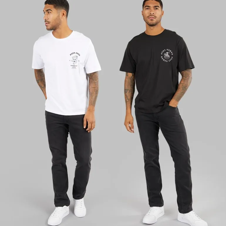 JACK & JONES Herren T-Shirts mit lockerem Schnitt und Rückendruck, 2er Pack Schwarz / Weiß
