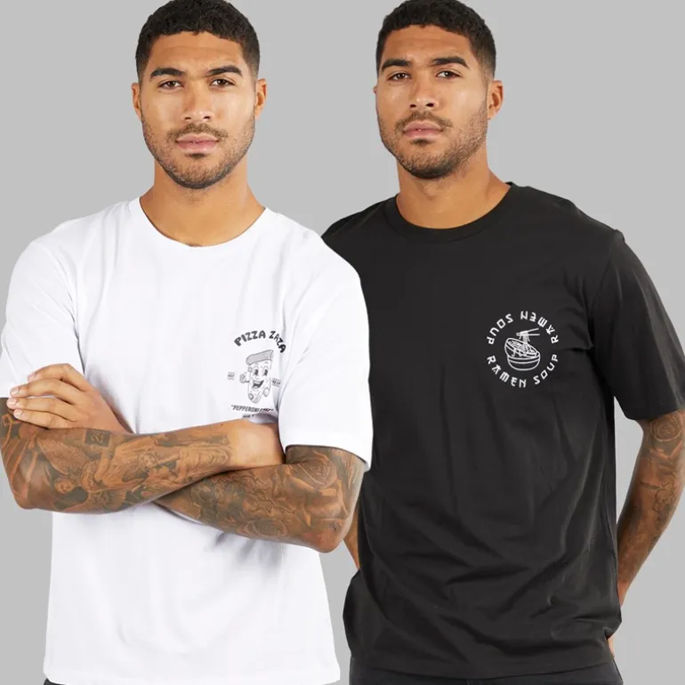 JACK & JONES Herren T-Shirts mit lockerem Schnitt und Rückendruck, 2er Pack Schwarz / Weiß