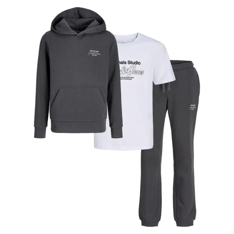 JACK & JONES Junge Niko Kapuzenpullover Dreiteiliger Trainingsanzug Und T-Shirt Set Asphalt / Weiß
